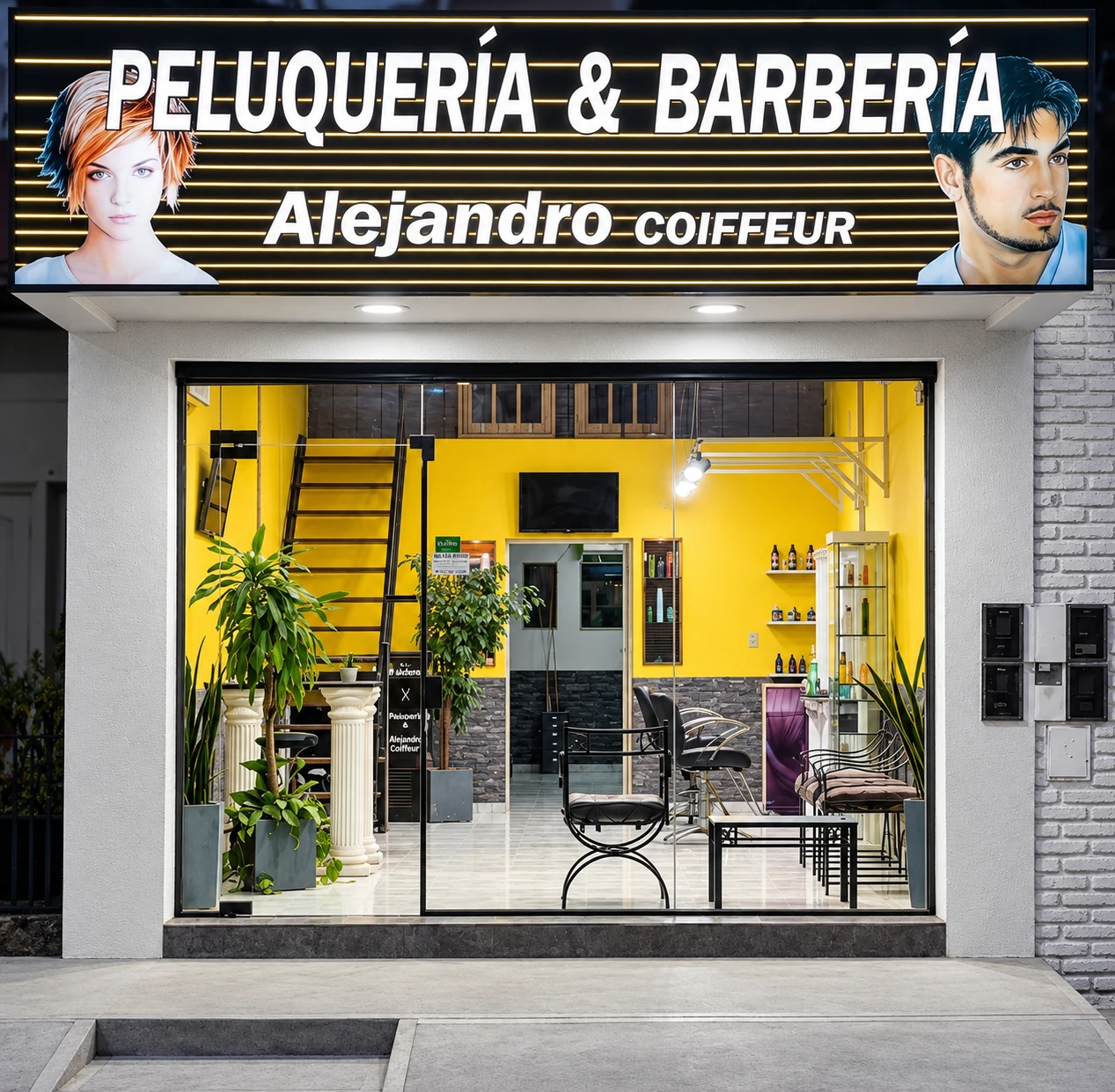 El frente del salón, con el cartel de Peluquería y Barbería Alejandro y la vidriera que deja ver el interior amarillo